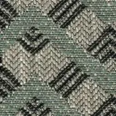 Woven fabric texture, teal green and charcoal gray, geometric pattern of angular chevrons with a subtle sheen and dense weave.